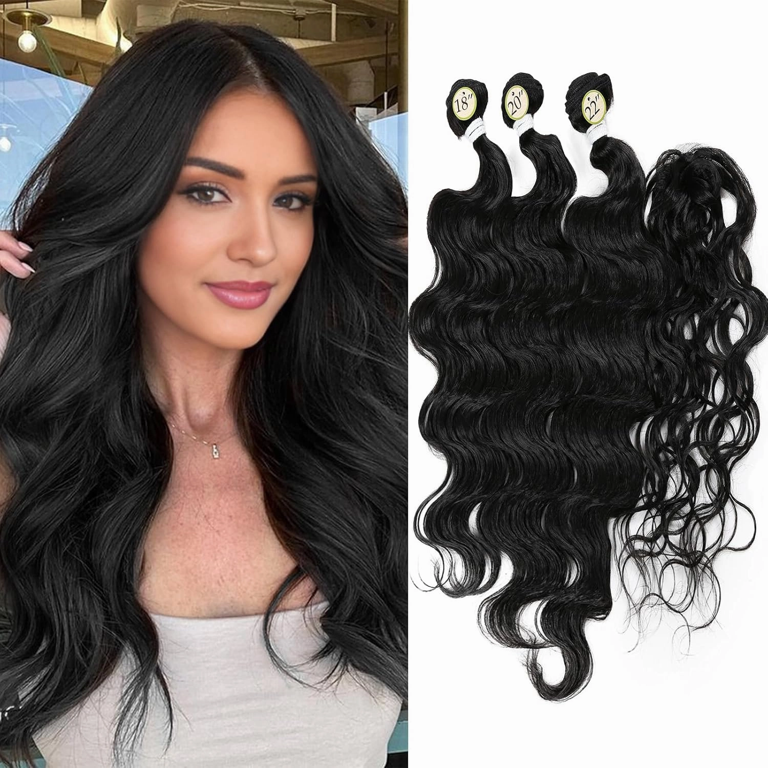 HANNE Synthetic Hair Bundles with Closure Body Wave Hair Extensions 18"20"22" with Lace Closure Heat Resistant Colorful Synthetic Bundles