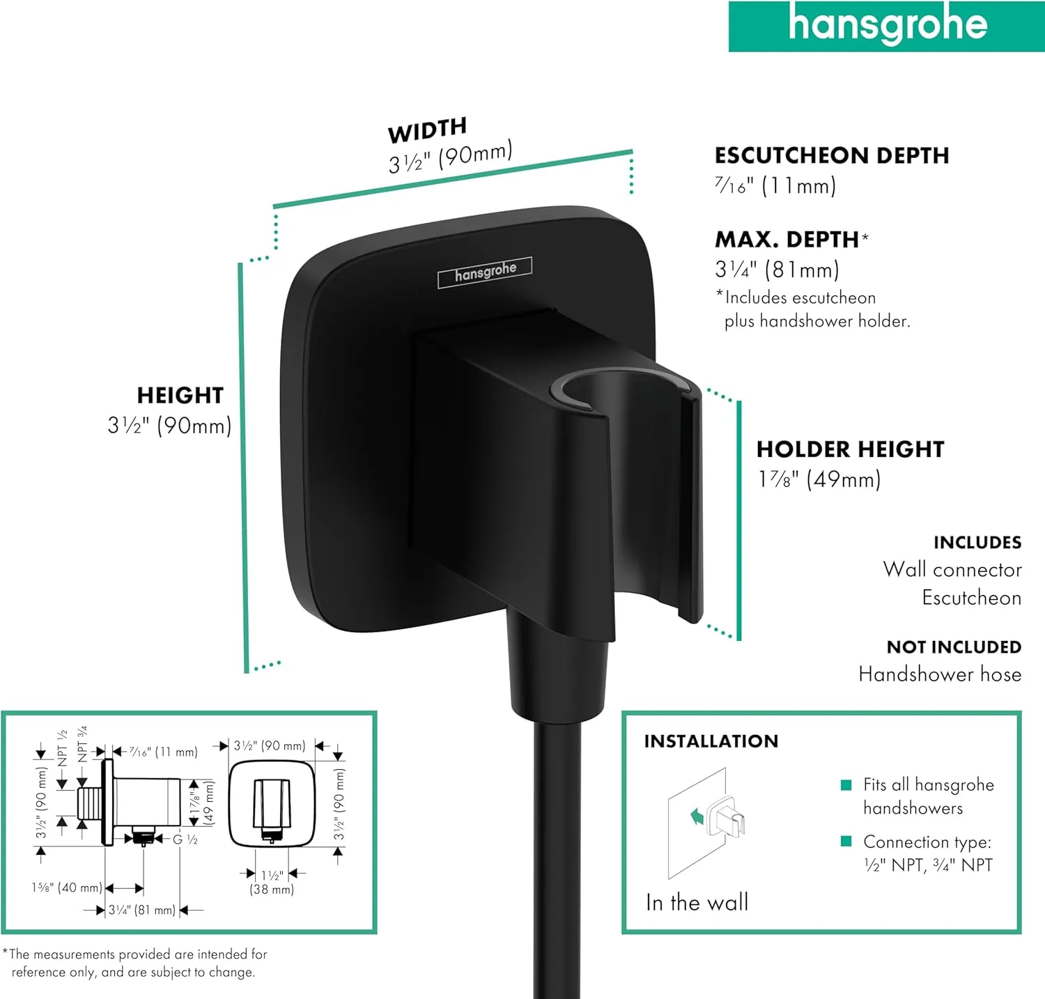 hansgrohe Handheld Shower Wall Outlet 1/2-inch Thread Connection in Matte Black, 26887671