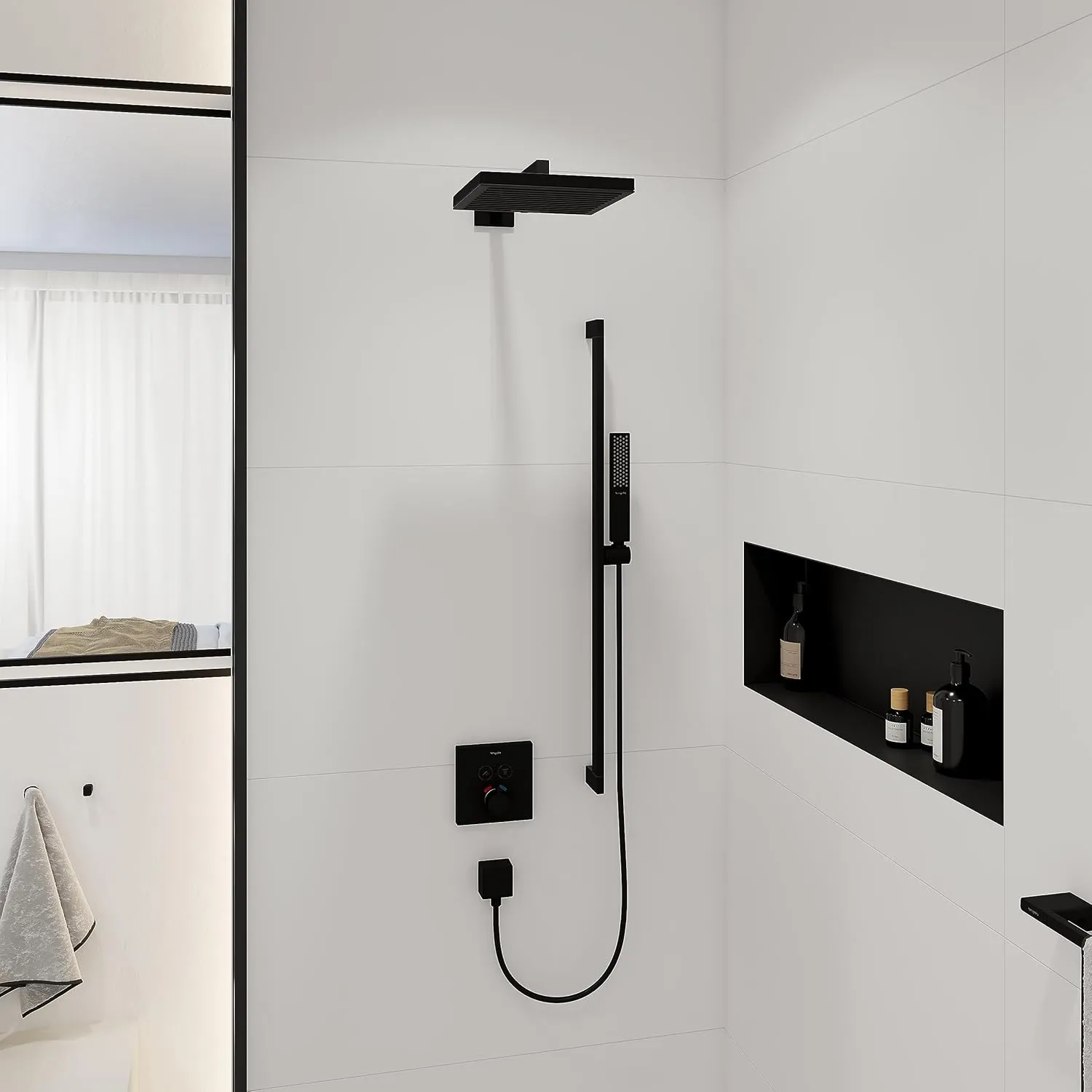 hansgrohe Pulsify E 10-inch Modern Showerhead 1-Spray PowderRain with QuickClean in Matte Black, 24331671