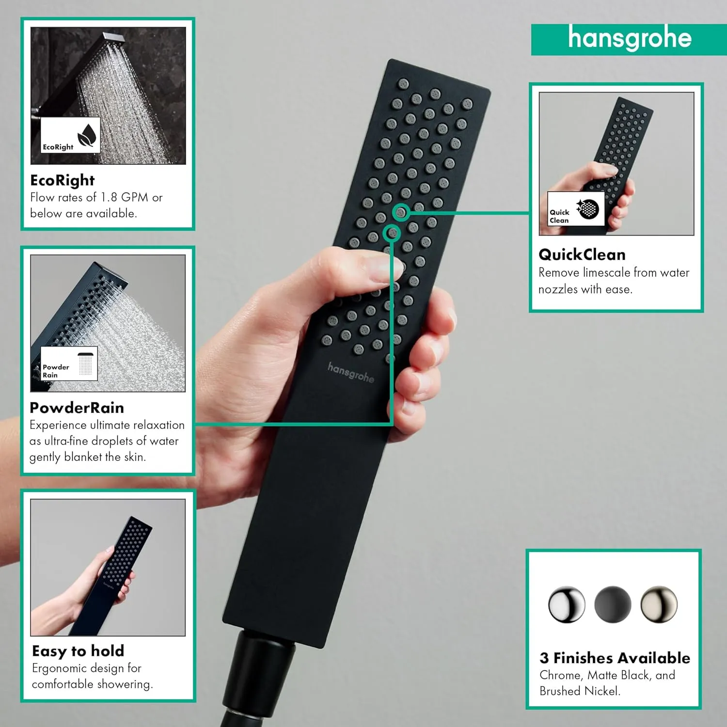 hansgrohe Pulsify E 2-inch Modern Handheld Shower Head 1-Spray PowderRain in Matte Black, 24322671