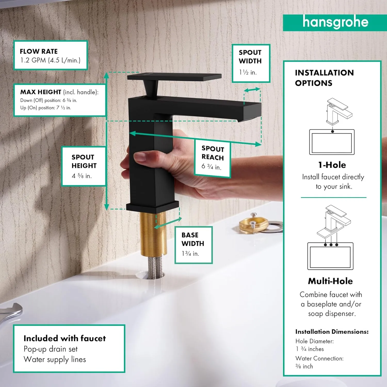 hansgrohe Tecturis E -Handle -Hole 6-inch Tall Bathroom Sink Faucet in Matte Black, 73014671