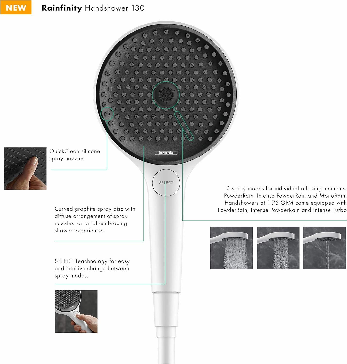 hansgrohe Rainfinity 5-inch Modern Handheld Shower Head 3-Spray PowderRain, Intense PowderRain, Intense Turbo in Matte White, 26865701