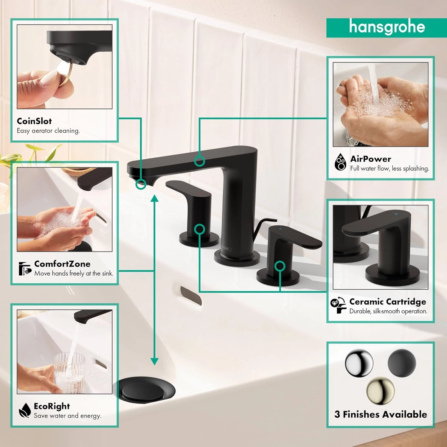 Hansgrohe Rebris S Contemporary 2-Handle 3-Hole 5-inch Tall Bathroom Sink Faucet in Matte Black, 72530671
