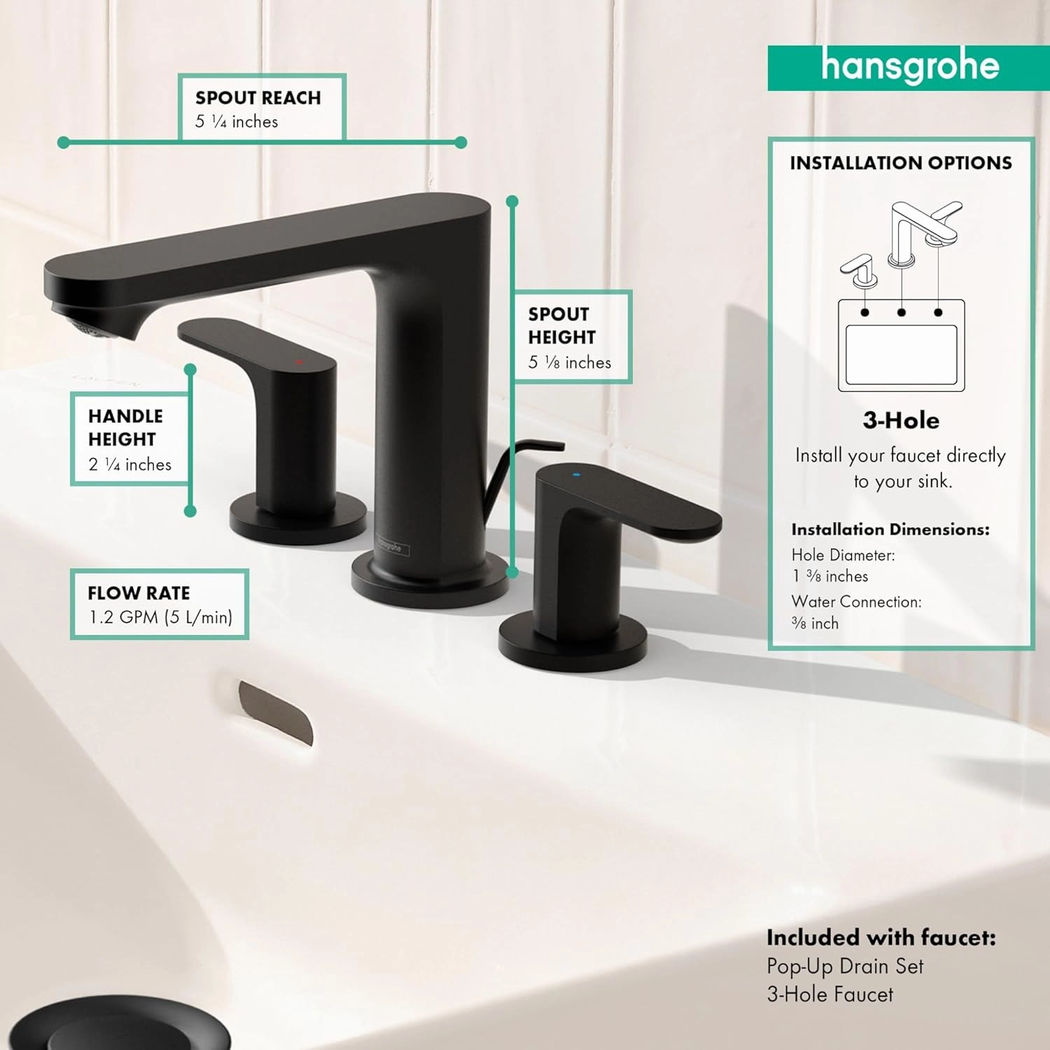 Hansgrohe Rebris S Contemporary 2-Handle 3-Hole 5-inch Tall Bathroom Sink Faucet in Matte Black, 72530671