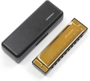 Harmonica Key of C 10 Holes Diatonic Blues For Beginner Students(Gold)