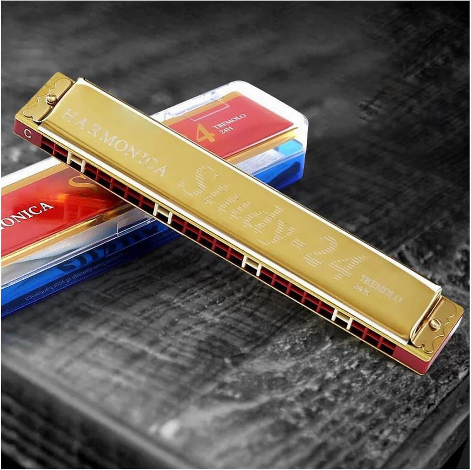 Harmonica 24 hole polyphonic C key beginner professional performance grade instrument(Gold)