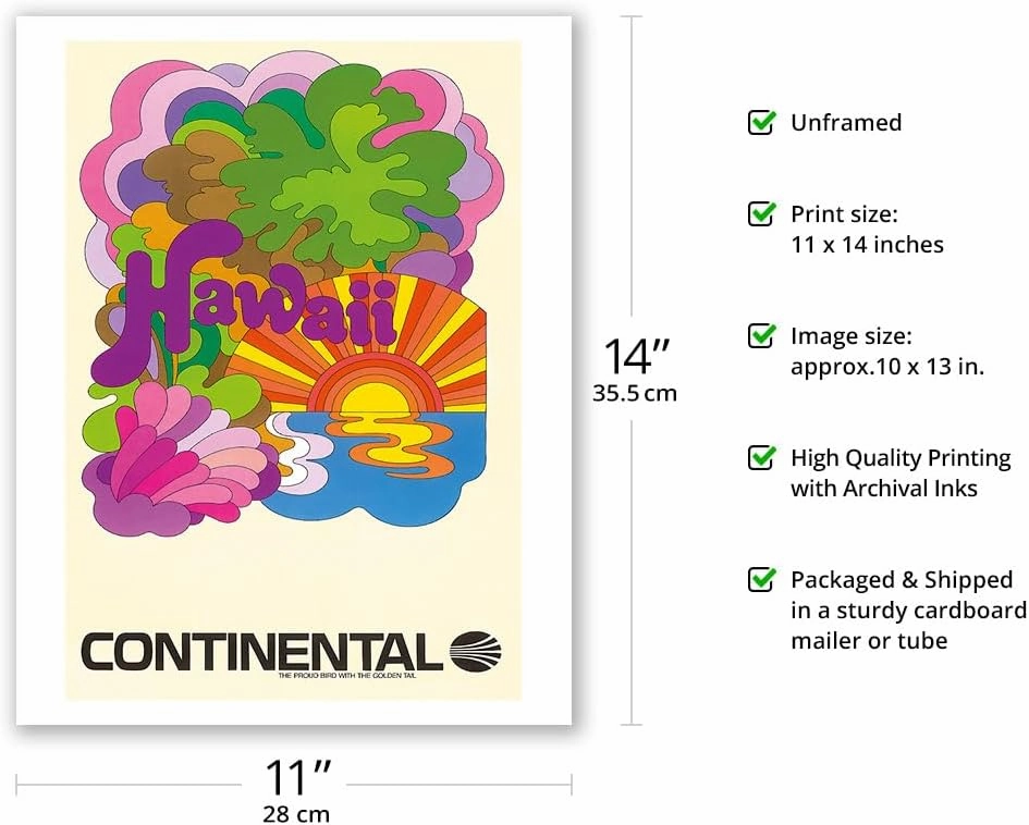 Hawaii - Continental Airlines - Psychedelic Art - Vintage Airline Travel Poster c.1960s - Fine Art Matte Paper Print (Unframed) 11x14in