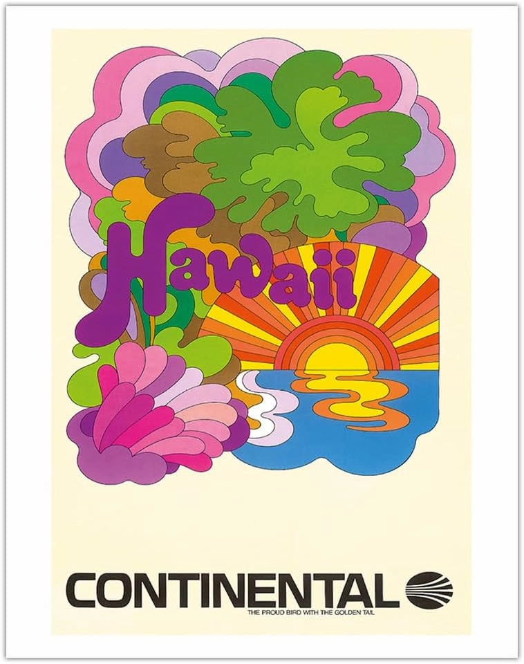 Hawaii - Continental Airlines - Psychedelic Art - Vintage Airline Travel Poster c.1960s - Fine Art Matte Paper Print (Unframed) 11x14in