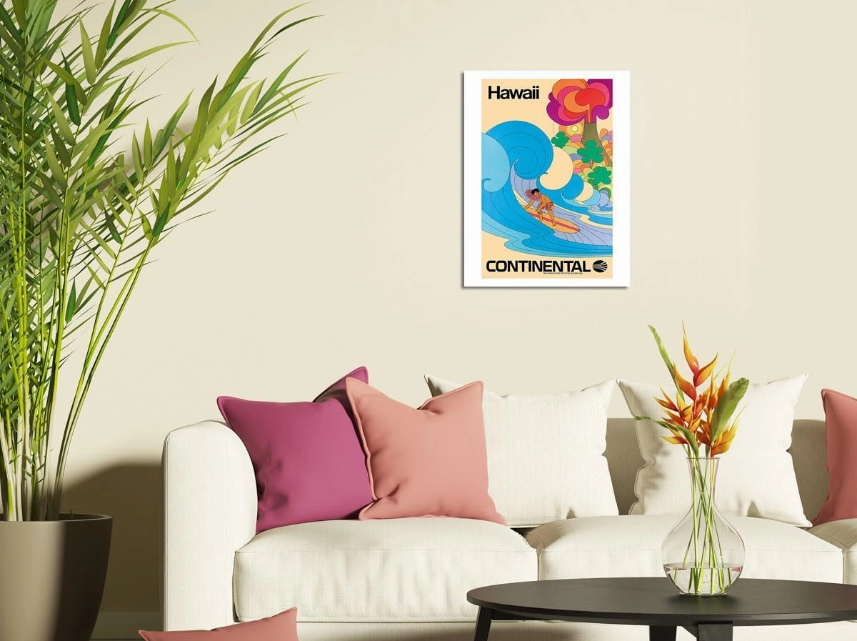 Hawaii - Hawaiian Surfer - Psychedelic Flower Power Art - Continental Airlines - Vintage Airline Travel Poster c.1960s - Fine Art Matte Paper Print (Unframed) 11x14in