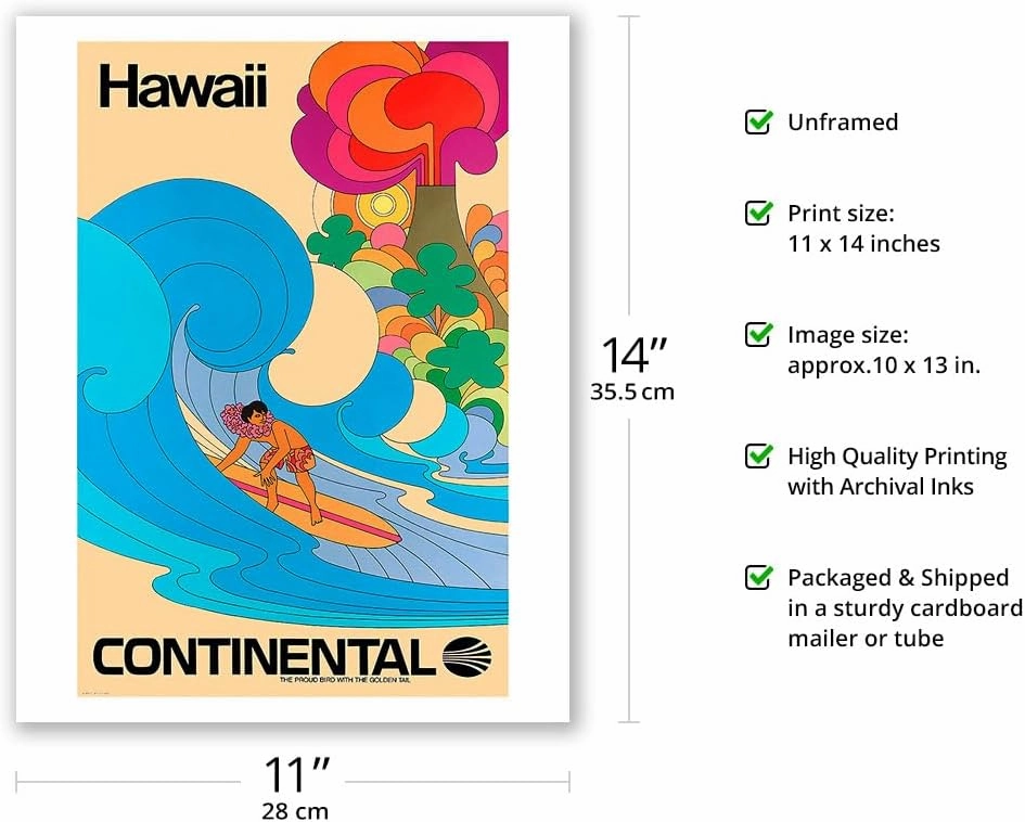 Hawaii - Hawaiian Surfer - Psychedelic Flower Power Art - Continental Airlines - Vintage Airline Travel Poster c.1960s - Fine Art Matte Paper Print (Unframed) 11x14in