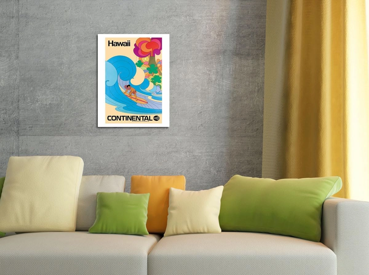 Hawaii - Hawaiian Surfer - Psychedelic Flower Power Art - Continental Airlines - Vintage Airline Travel Poster c.1960s - Fine Art Matte Paper Print (Unframed) 11x14in