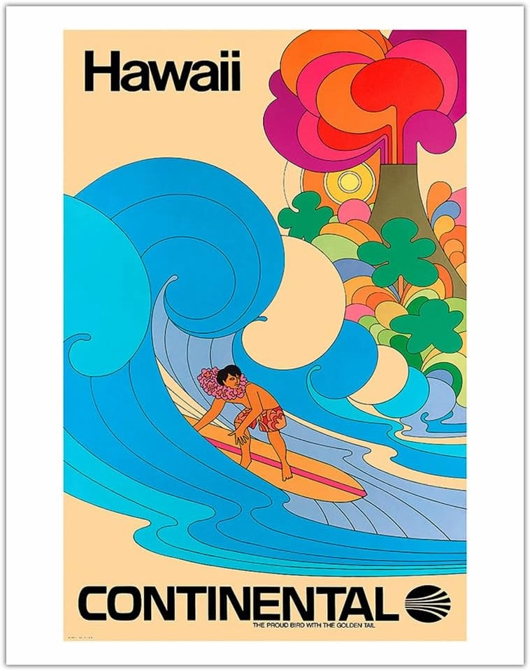 Hawaii - Hawaiian Surfer - Psychedelic Flower Power Art - Continental Airlines - Vintage Airline Travel Poster c.1960s - Fine Art Matte Paper Print (Unframed) 11x14in