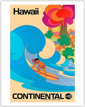 Hawaii - Hawaiian Surfer - Psychedelic Flower Power Art - Continental Airlines - Vintage Airline Travel Poster c.1960s - Fine Art Matte Paper Print (Unframed) 11x14in