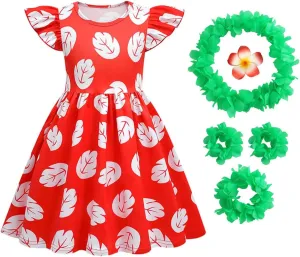 Hawaiian Little Girls Costume Dress with Luau Flower Leis Accessories Flower Hair Clip