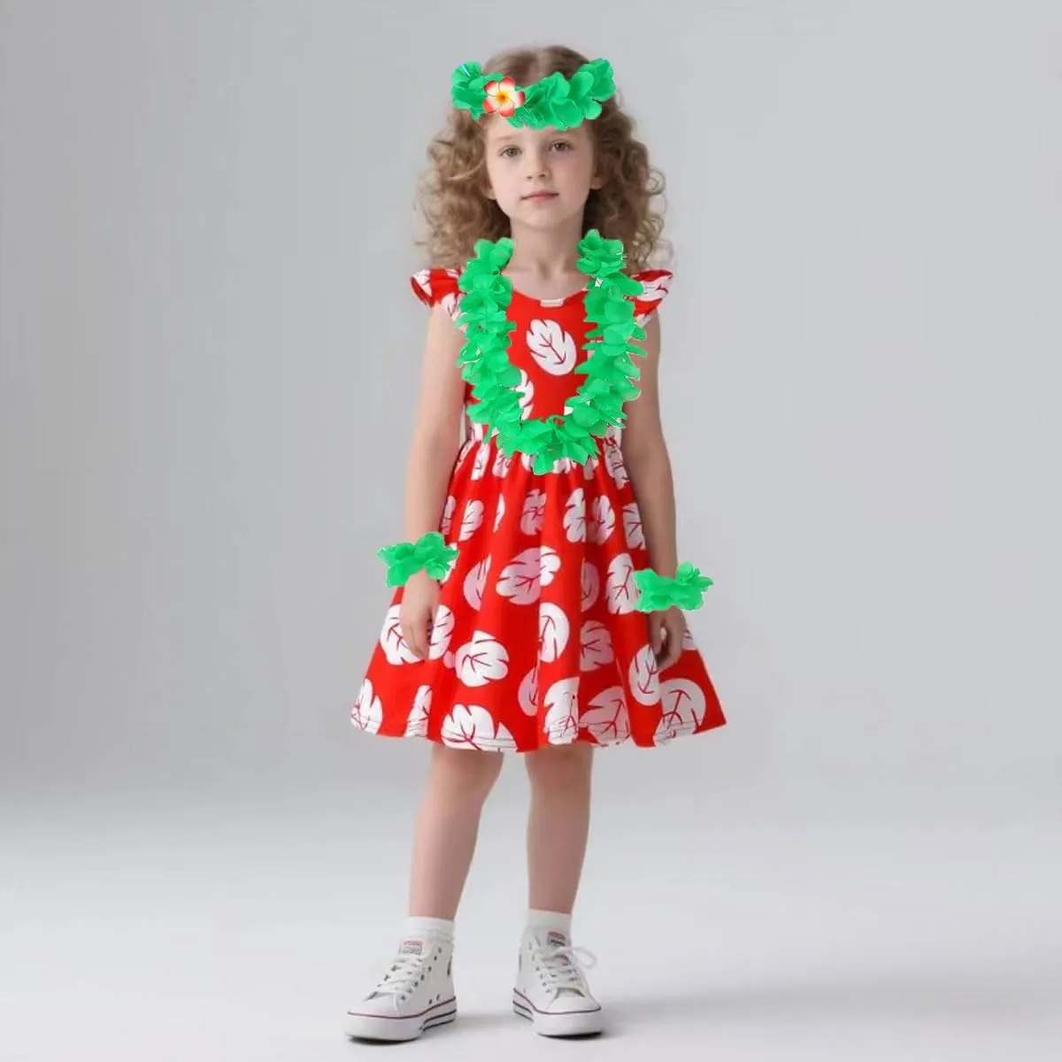 Hawaiian Little Girls Costume Dress with Luau Flower Leis Accessories Flower Hair Clip
