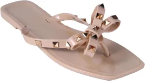Helenbra Women's Studded Flat Jelly Flip Flops Sandals Summer Square Open Toe Beach Thong Rivets Bow Strappy Slip On Slides Beach Rain Shoes