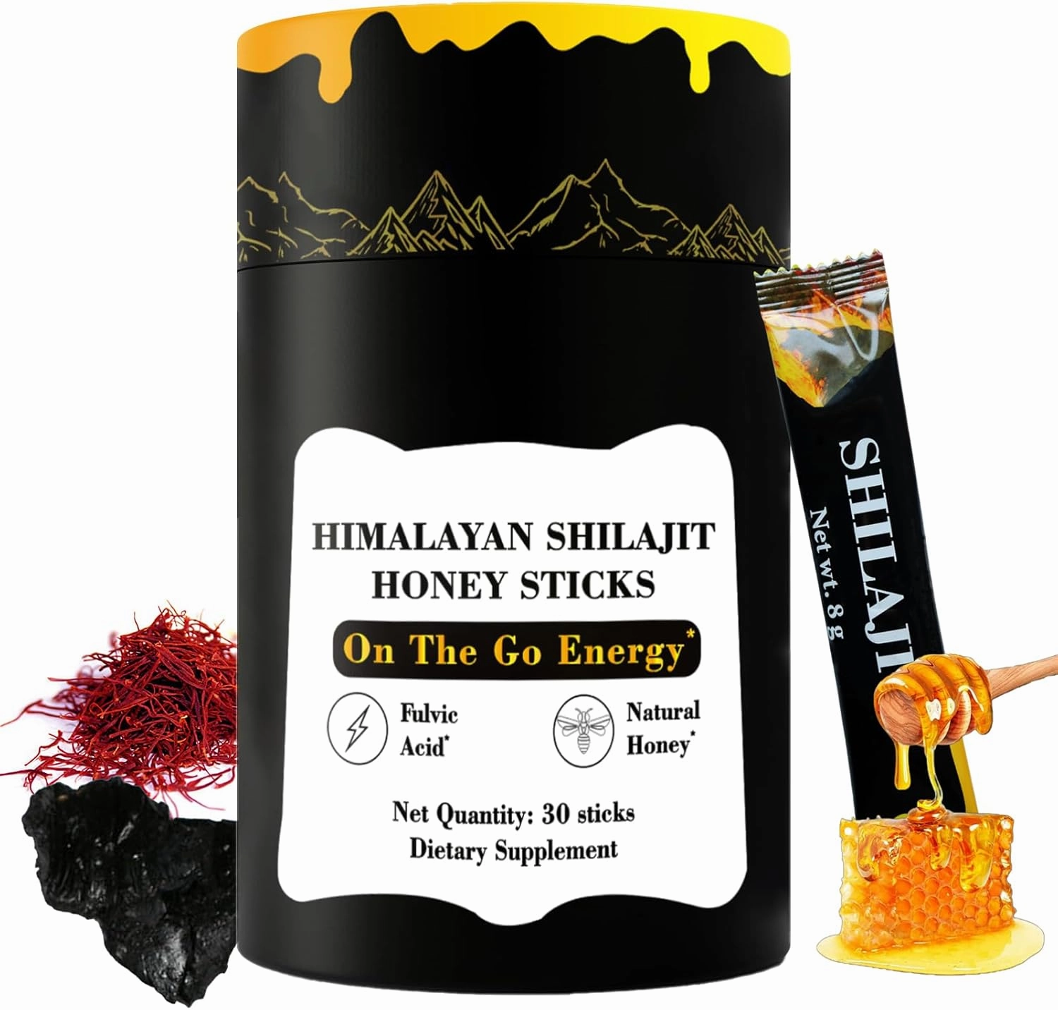 Himalayan Pure Nutritious Shilajit Honey Sticks Gold- Saffron, Honey - 75% Fulvic Acid, 85  Trace Minerals - for Men Women - 30 Sticks(Shilajit Honey 30 Sticks)