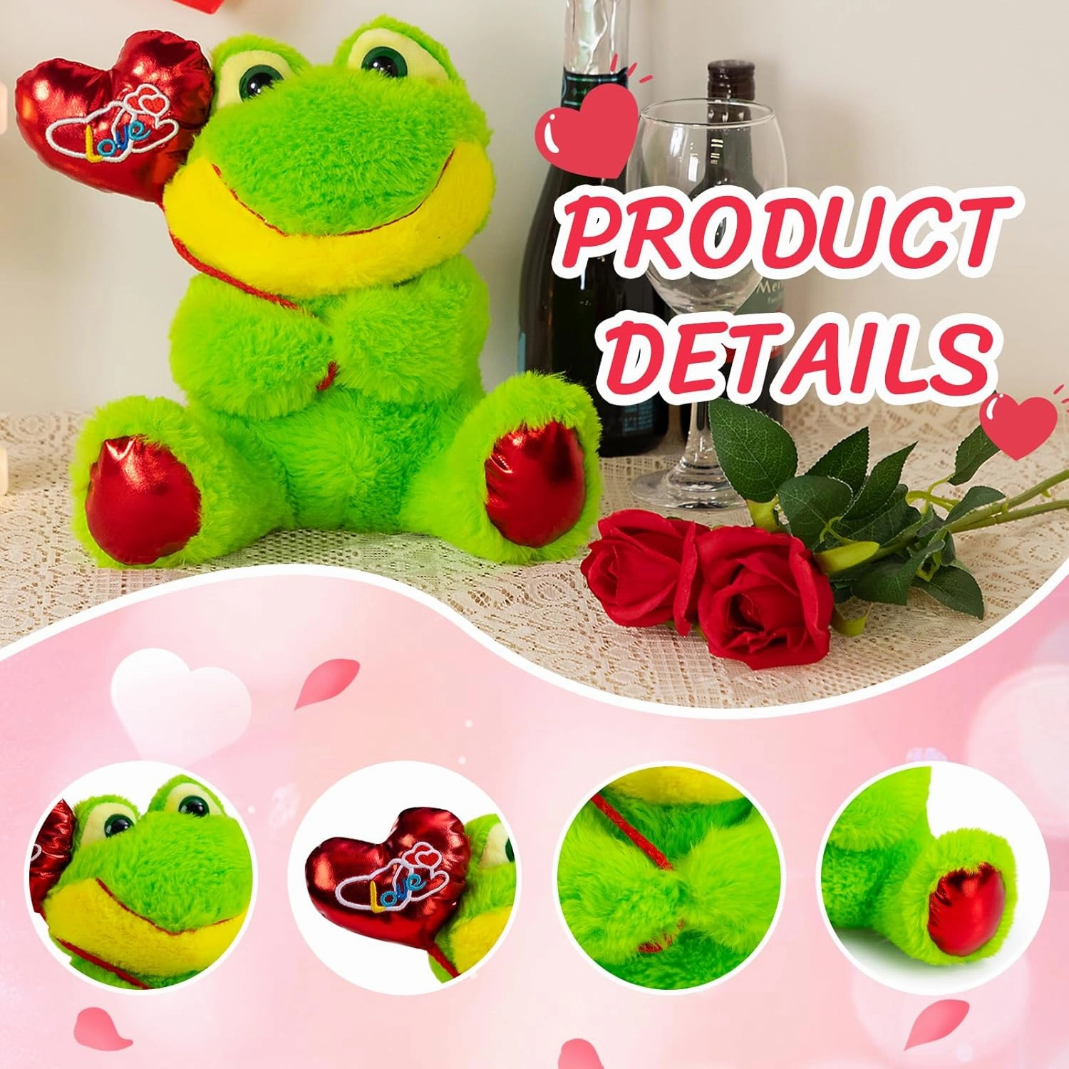 HollyHOME Frog Stuffed Animal Frog Plush Holding Red Love Balloon for Kids and Girlfriend Gifts 10 inch Green