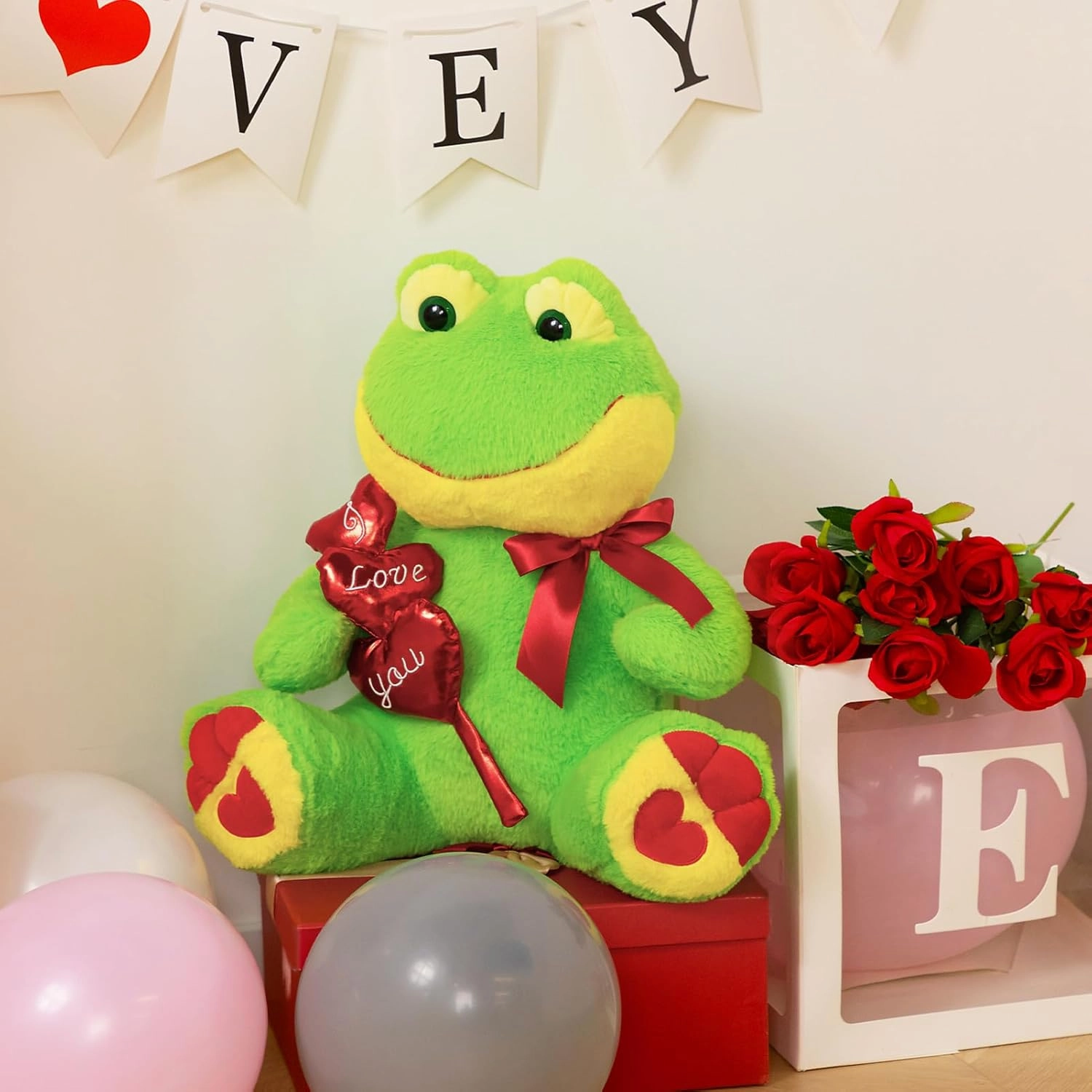 HollyHOME I Love You Frog Stuffed Animal Plush Frog with Red Hearts and Bow Sweet Plush Toy Gift 20 inches