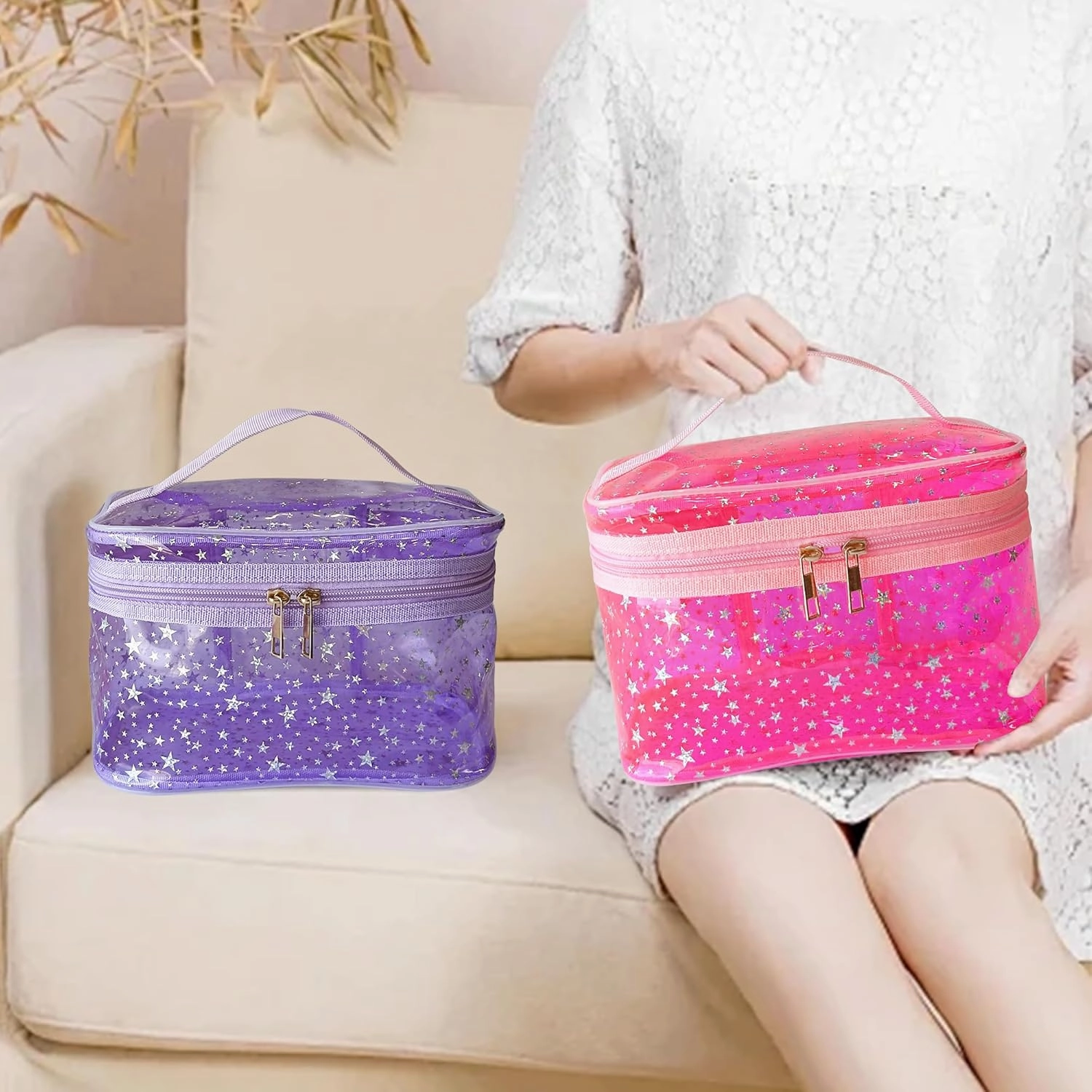 Holographic Makeup Bags Bulk,Clear Storage Bag Toiletry Pocket Portable Zippered Iridescent Pouch Waterproof Cosmetic Gift Bags for Women (Green-L)