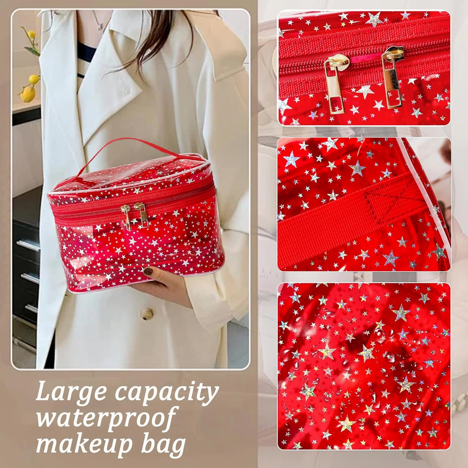 Holographic Makeup Bags Bulk,Clear Storage Bag Toiletry Pocket Portable Zippered Iridescent Pouch Waterproof Cosmetic Gift Bags for Women (Green-L)