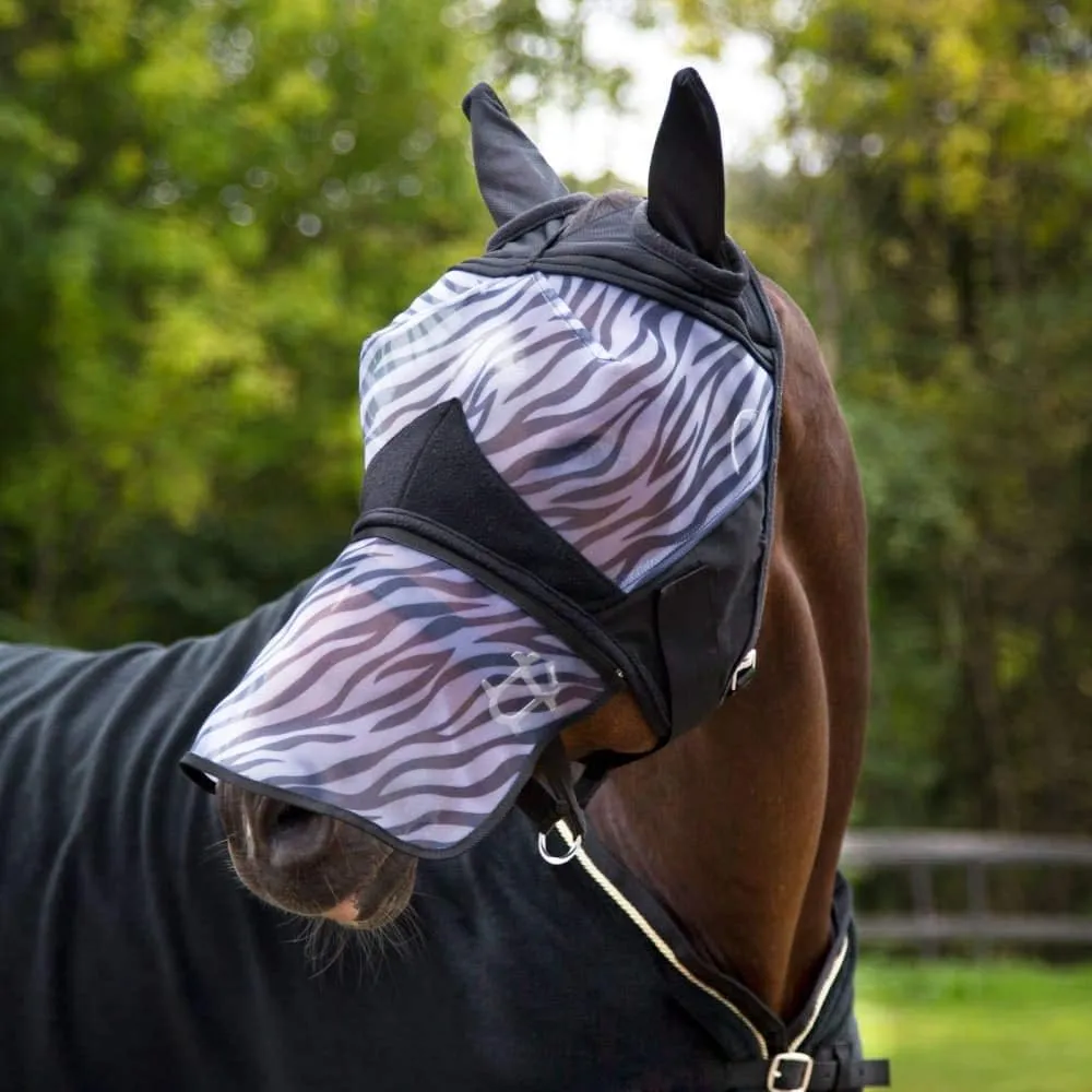 HORZE Zebra Pattern Mesh Insect and Fly Mask with Detachable Nose Protection - Black - M