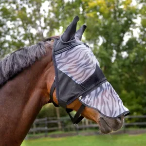 HORZE Zebra Pattern Mesh Insect and Fly Mask with Detachable Nose Protection - Black - M