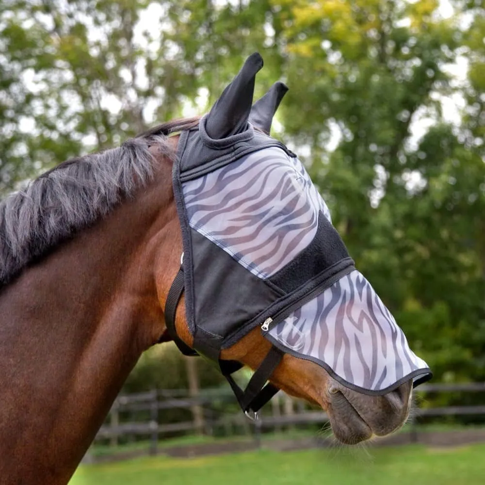 HORZE Zebra Pattern Mesh Insect and Fly Mask with Detachable Nose Protection - Black - M