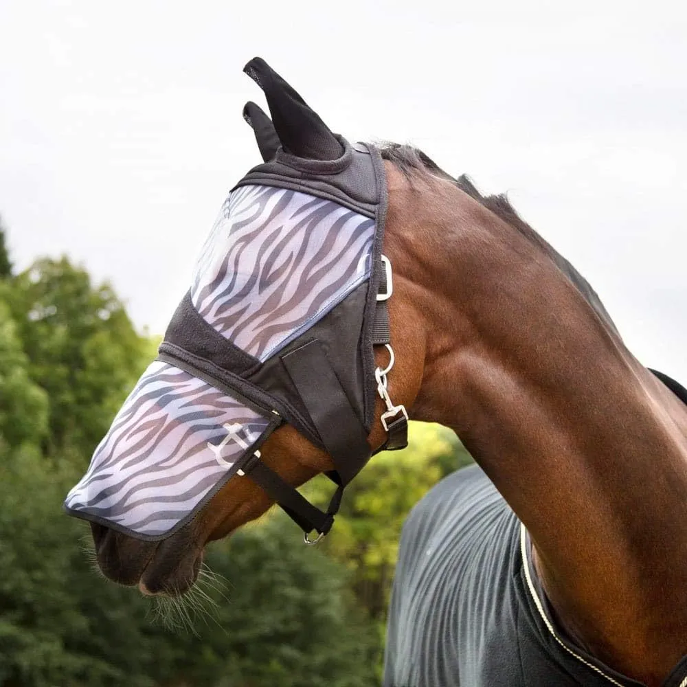 HORZE Zebra Pattern Mesh Insect and Fly Mask with Detachable Nose Protection - Black - M