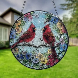 HOTIYOK Cardinal Birds Stained Glass Window Round Floral Design Red Bird Light Catcher Hanging for Indoor Kitchen Decorations Gifts for Women Grandma Teacher Nature Lovers