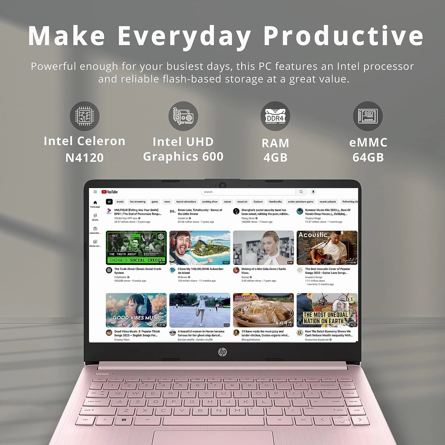 HP Stream 14" HD BrightView Laptop, Intel Celeron N4120, 4GB RAM, 64GB eMMC, Intel UHD Graphics, 720p Webcam, 1 Year Office 365, Pink, Win 11 S, 32GB Hotface USB Card