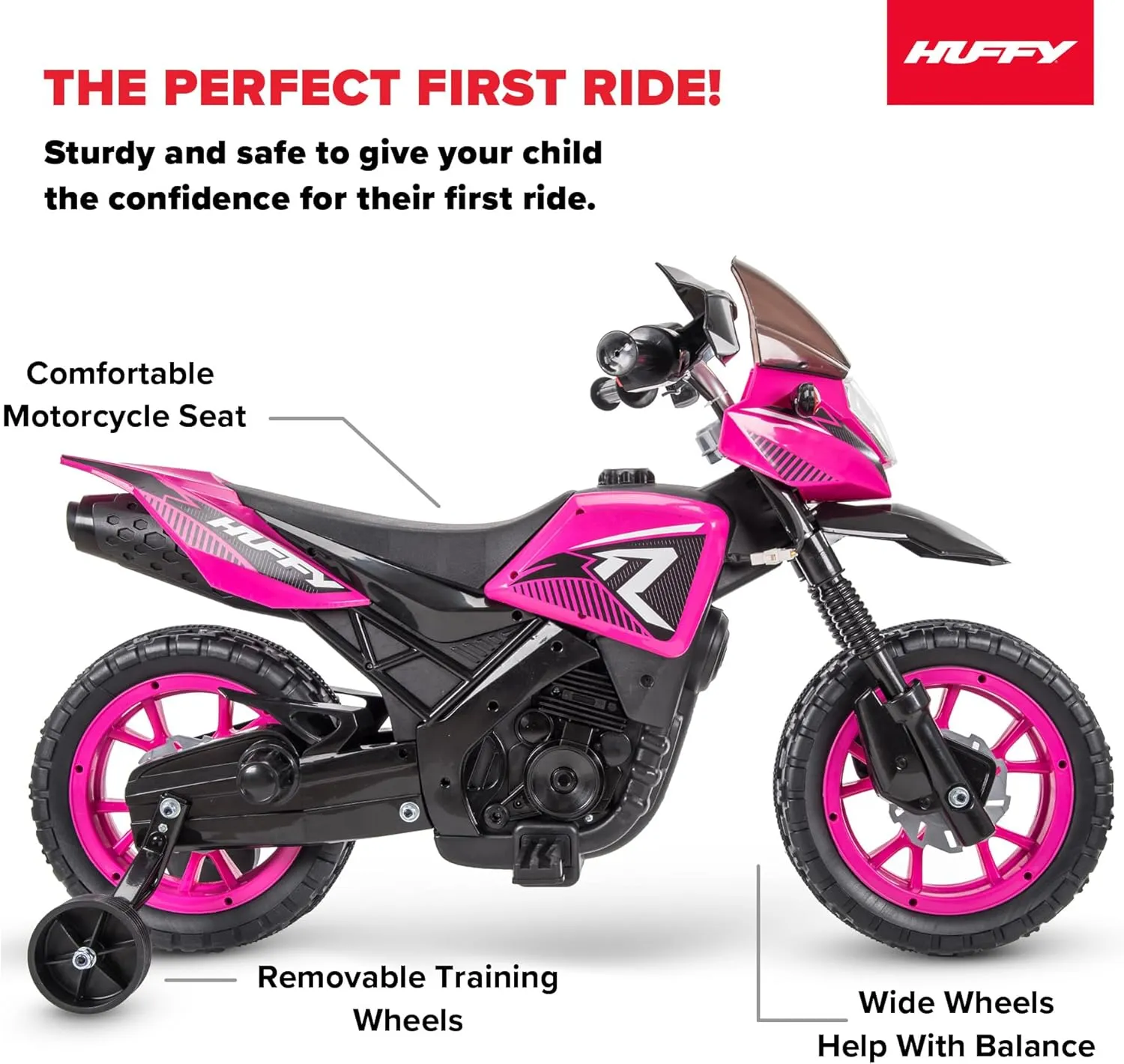 Huffy Ride on Motorcycle for Kids, Ideal for Ages 2-5 Years Old, 6V Ride On Motorcycle, Training Wheels, Realistic Engine Sounds, Simple Wall Charger, Max Weight 65lbs, 2 MPH, Pink