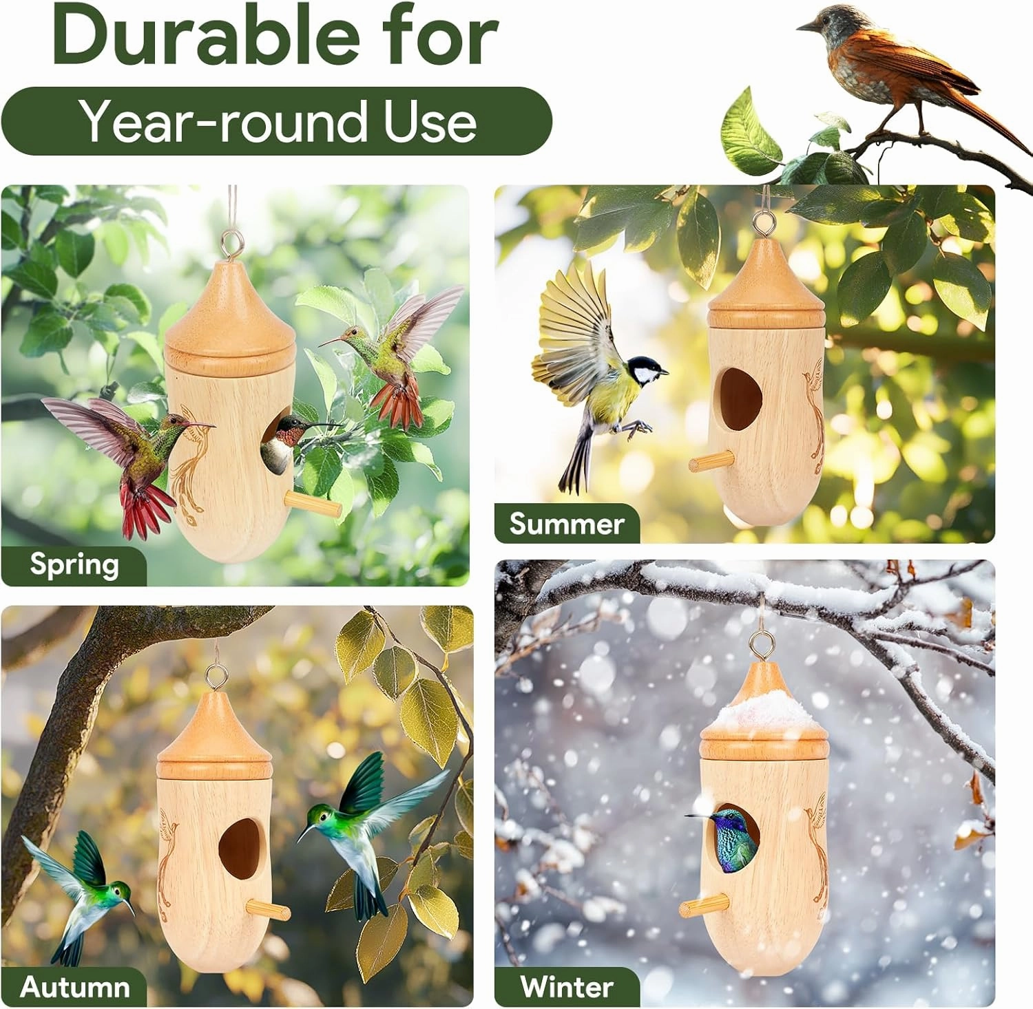 Hummingbird House, Small Hummingbird Houses for Outside, Wooden Bird Houses with Bow, String, Cute Gardening Gifts Home Decoration (Style-1, 3 Pack)