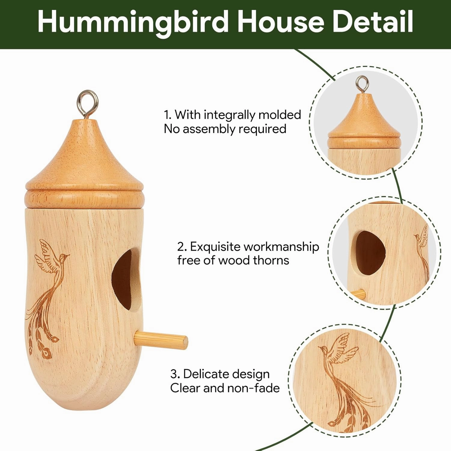 Hummingbird House, Small Hummingbird Houses for Outside, Wooden Bird Houses with Bow, String, Cute Gardening Gifts Home Decoration (Style-1, 3 Pack)