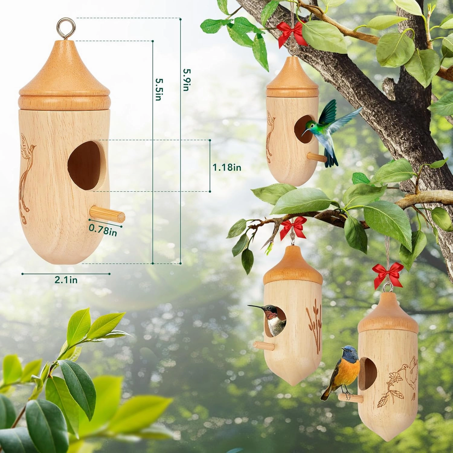Hummingbird House, Small Hummingbird Houses for Outside, Wooden Bird Houses with Bow, String, Cute Gardening Gifts Home Decoration (Style-1, 3 Pack)