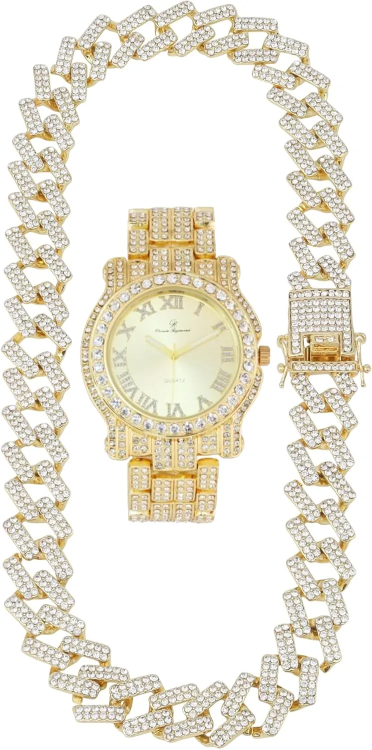 Ice on Blast! Bling'ed Out Hip Hop Rolly Looks w/Ice on Watch & Jewelry -Your Choice of Matching Zig Zag Bling'ed Out Necklace Set or Necklace & Bracelet Set - ZZ Sets