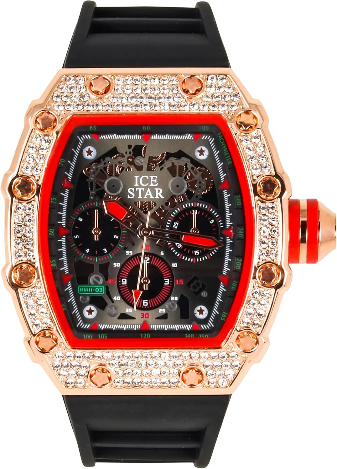 ICE STAR Men's 45mm Iced Out Tonneau Shape Watch, Silicone Band