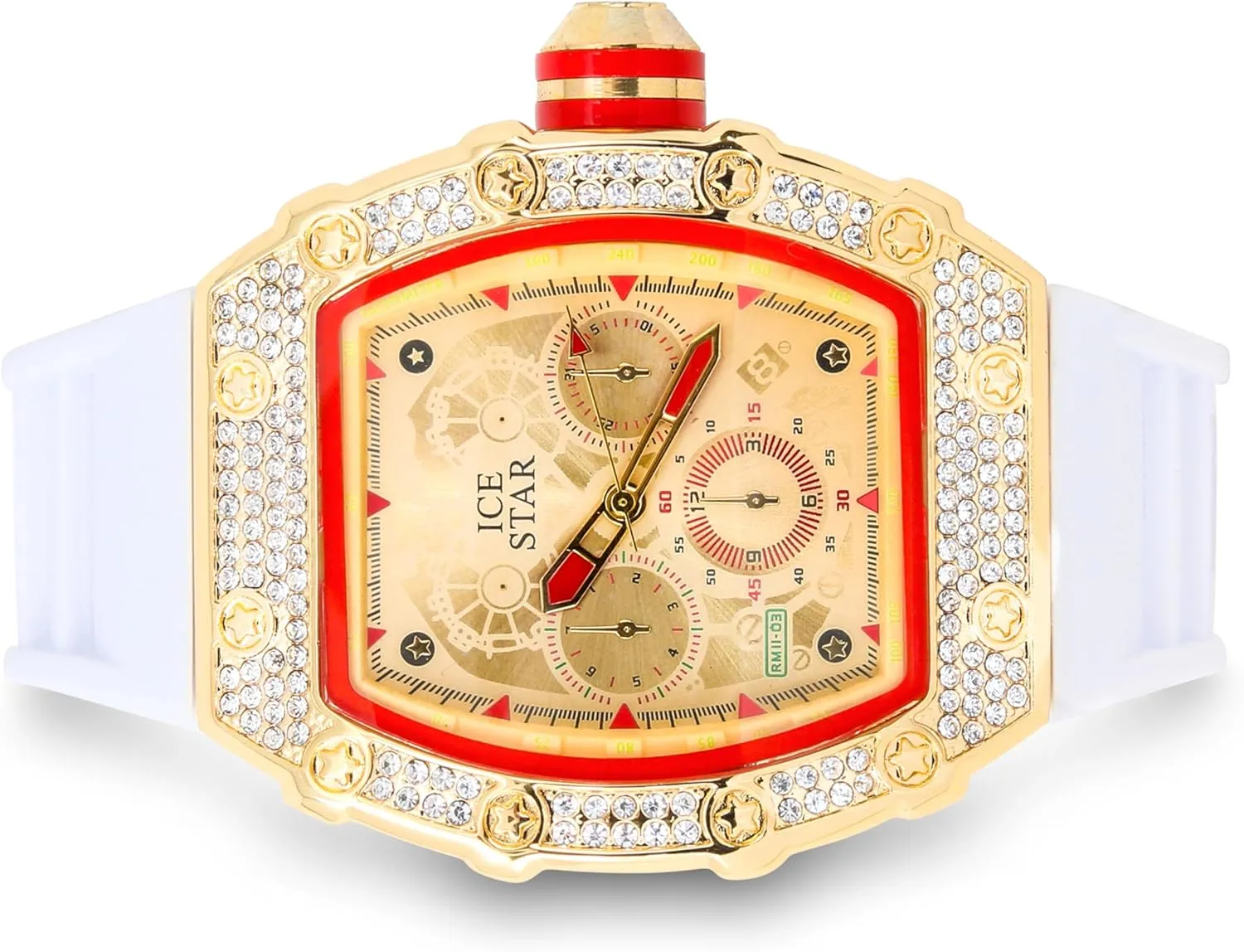 ICE STAR Men's 45mm Iced Out Tonneau Shape Watch, Silicone Band