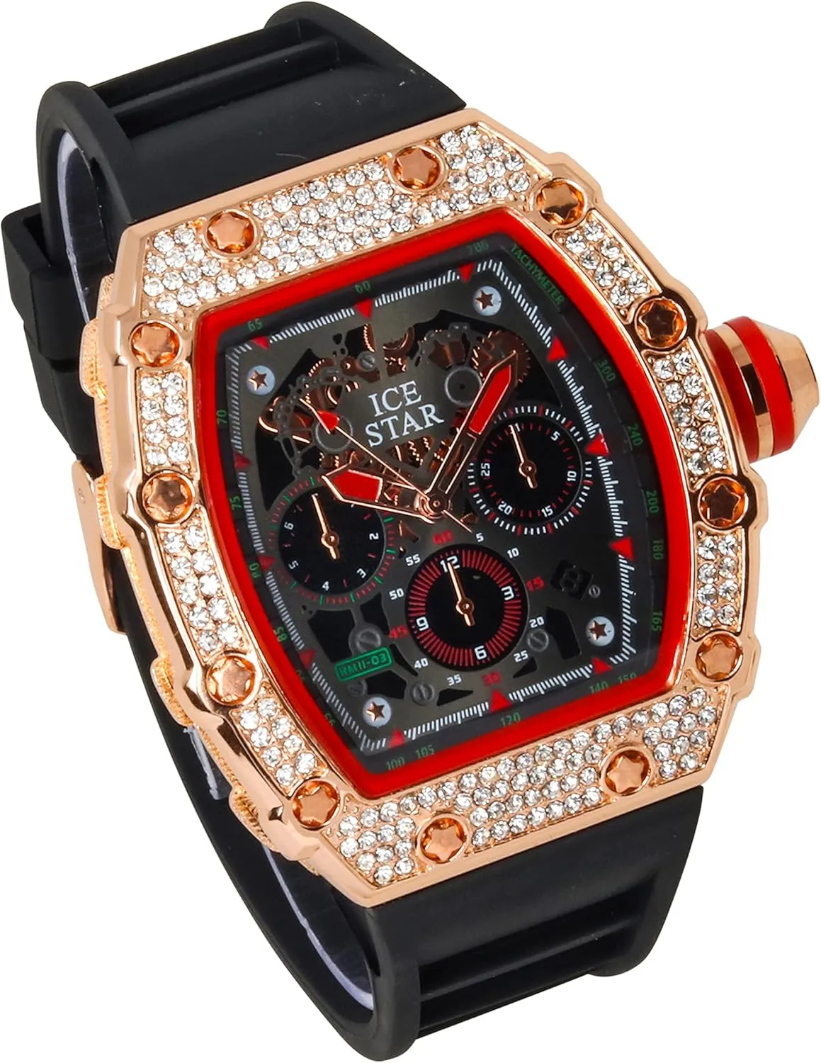 ICE STAR Men's 45mm Iced Out Tonneau Shape Watch, Silicone Band