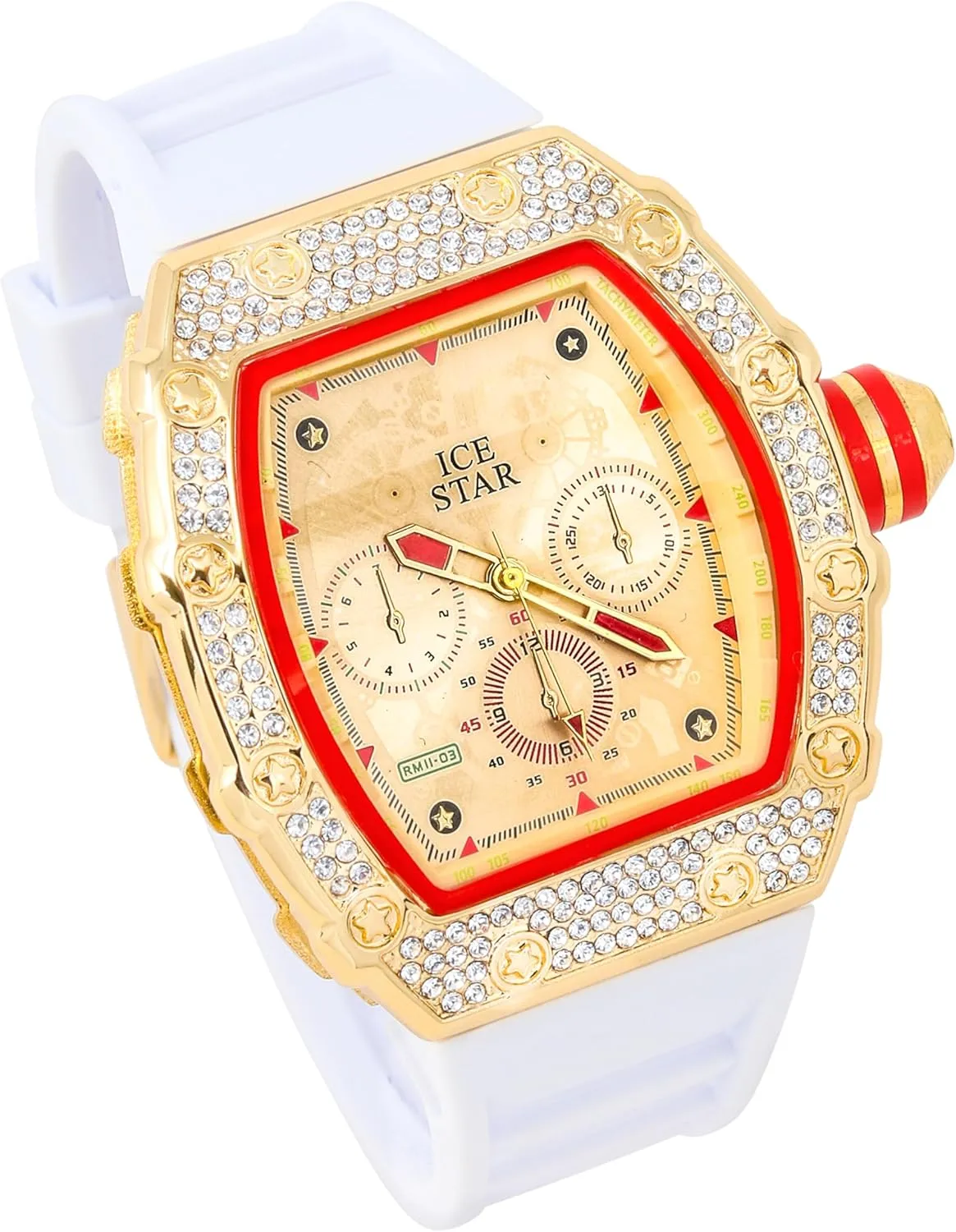 ICE STAR Men's 45mm Iced Out Tonneau Shape Watch, Silicone Band