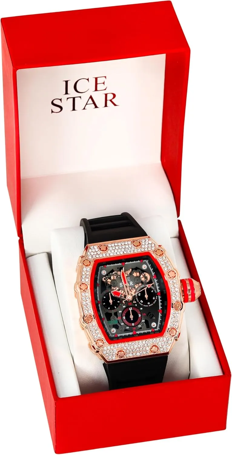 ICE STAR Men's 45mm Iced Out Tonneau Shape Watch, Silicone Band