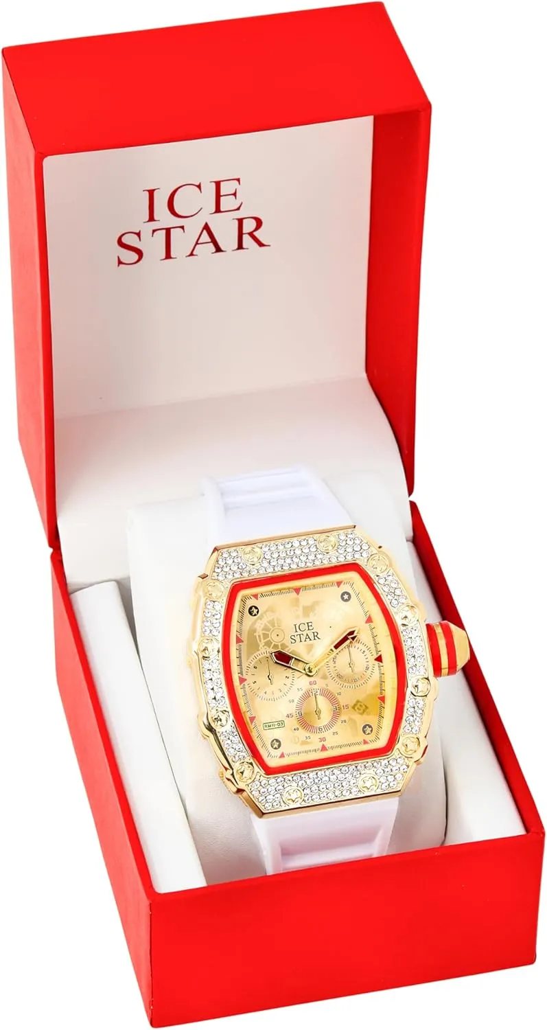 ICE STAR Men's 45mm Iced Out Tonneau Shape Watch, Silicone Band