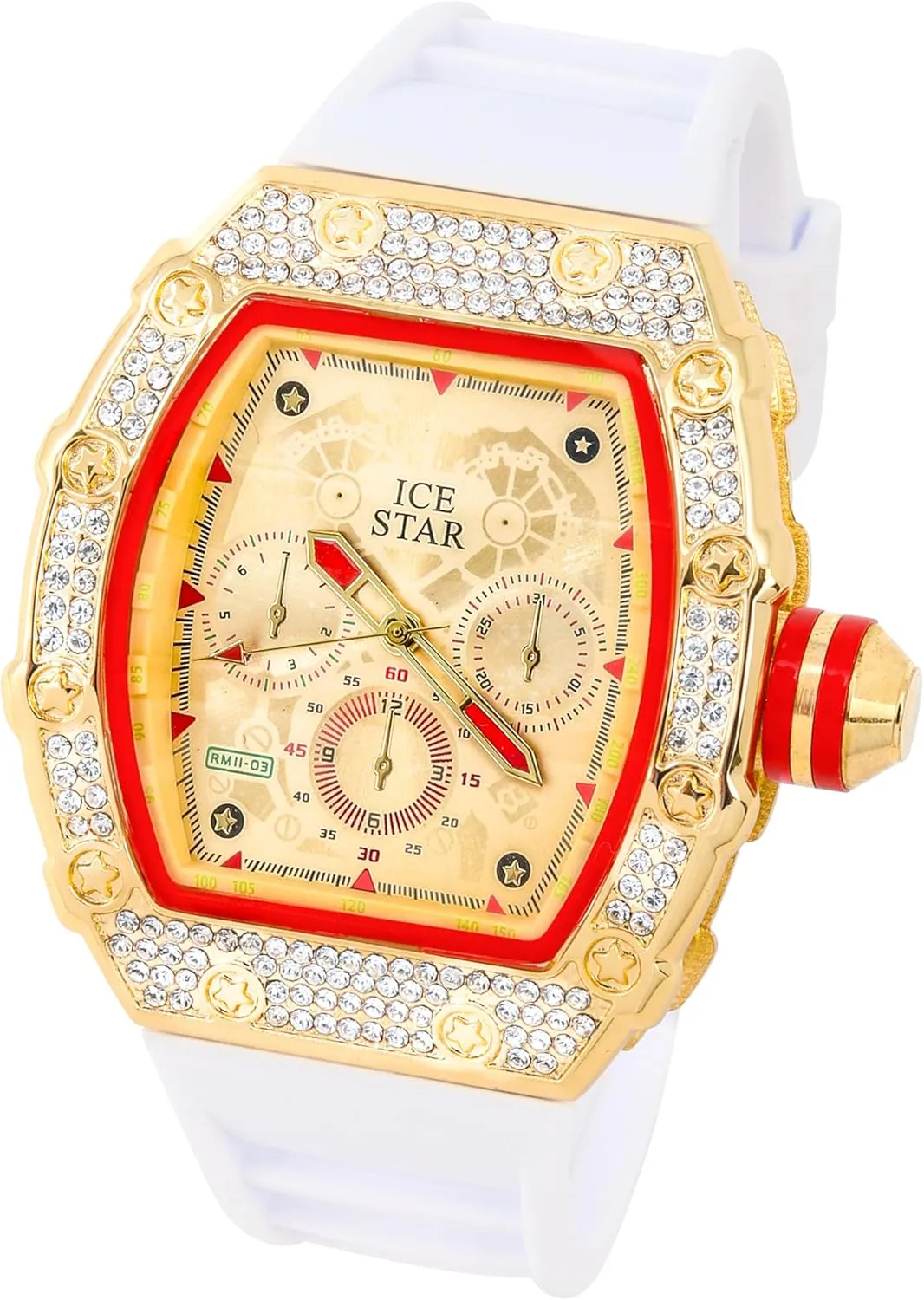 ICE STAR Men's 45mm Iced Out Tonneau Shape Watch, Silicone Band