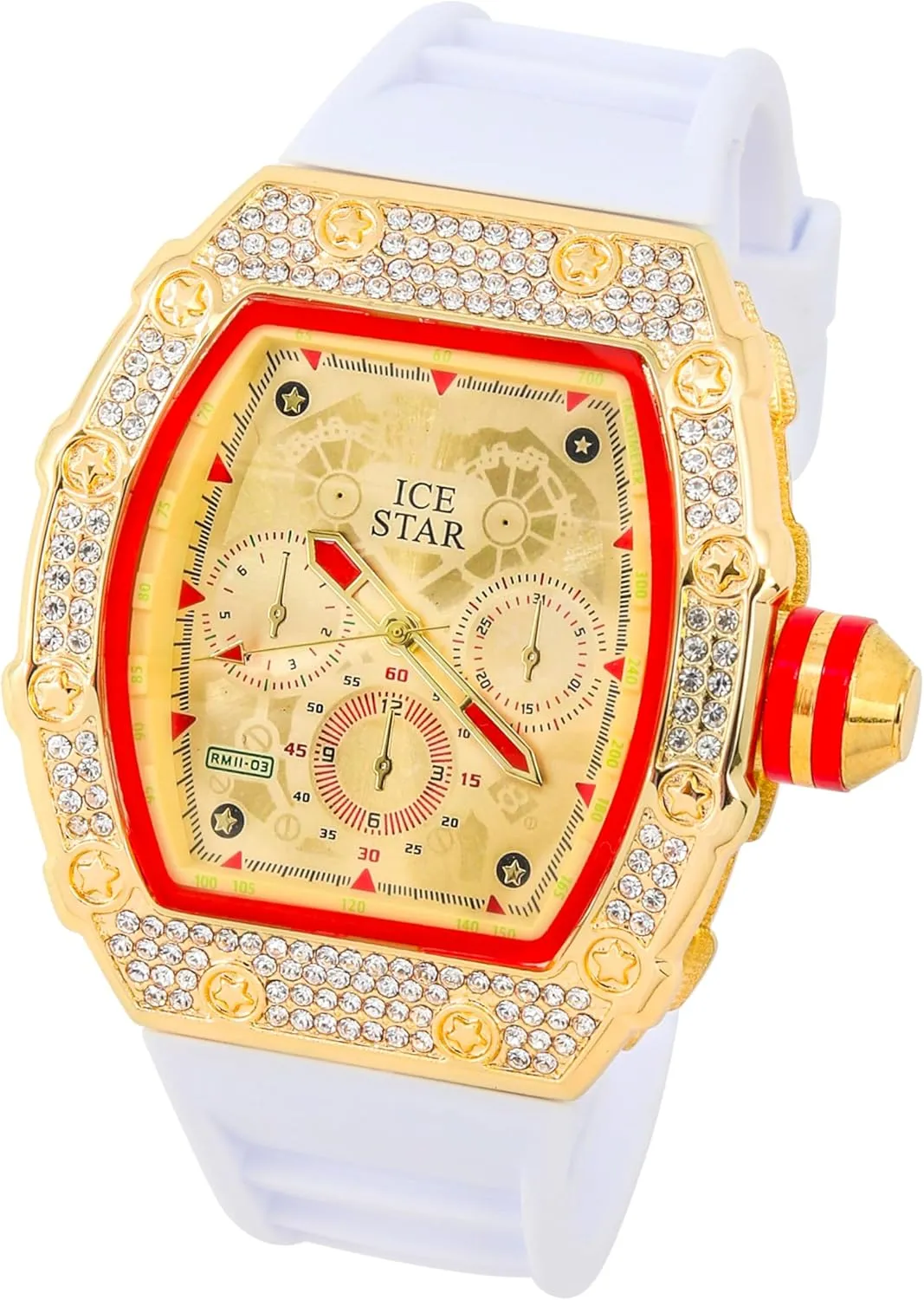 ICE STAR Men's Iced Out Tonneau Shape Watch & Cuban Bracelet Set with Silicone Band
