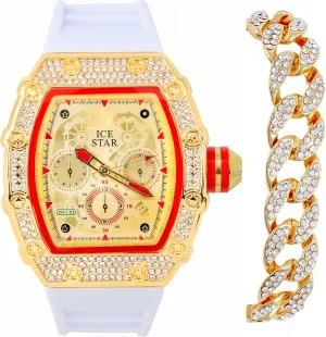 ICE STAR Men's Iced Out Tonneau Shape Watch & Cuban Bracelet Set with Silicone Band