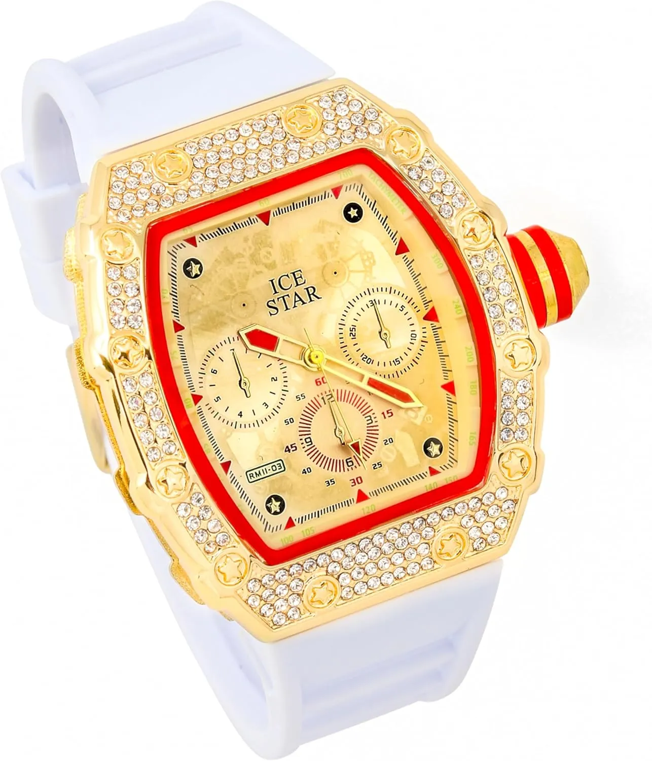 ICE STAR Men's Iced Out Tonneau Shape Watch & Cuban Bracelet Set with Silicone Band