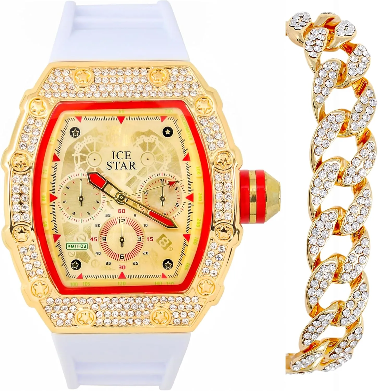 ICE STAR Men's Iced Out Tonneau Shape Watch & Cuban Bracelet Set with Silicone Band