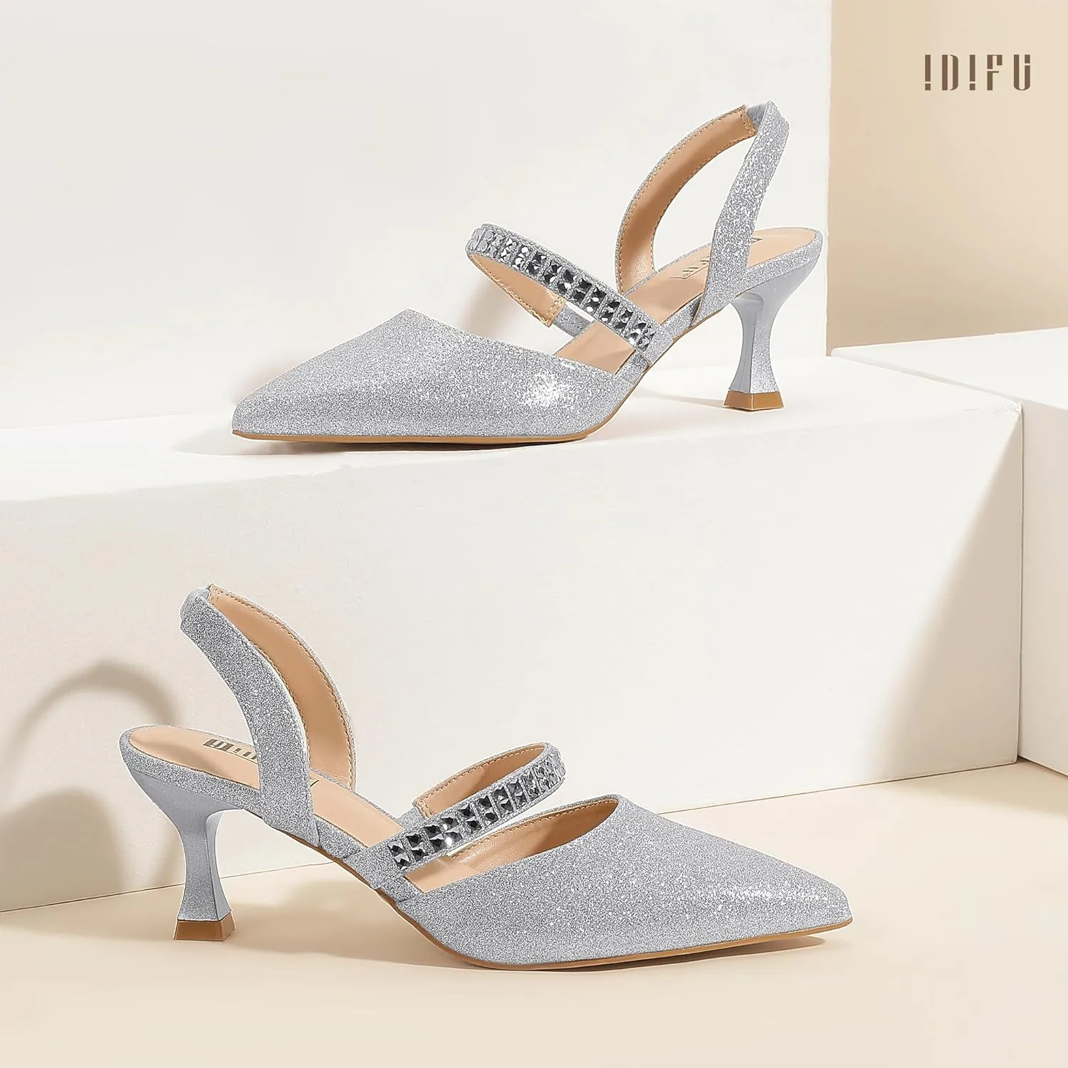 IDIFU IN3 Rhinestone Kitten Heels Closed Pointed Toe Low Strappy Dress Shoes for Women Bride Wedding Bridal Prom Heels Cute Trendy Dressy Short Slingback Pumps