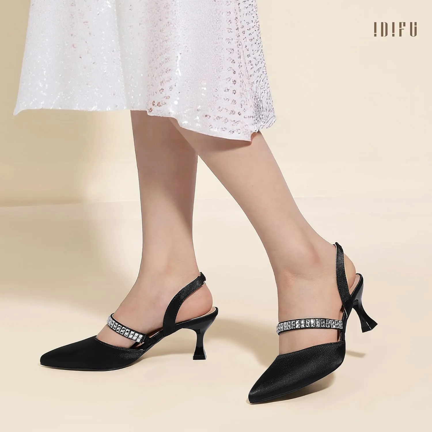 IDIFU IN3 Rhinestone Kitten Heels Closed Pointed Toe Low Strappy Dress Shoes for Women Bride Wedding Bridal Prom Heels Cute Trendy Dressy Short Slingback Pumps