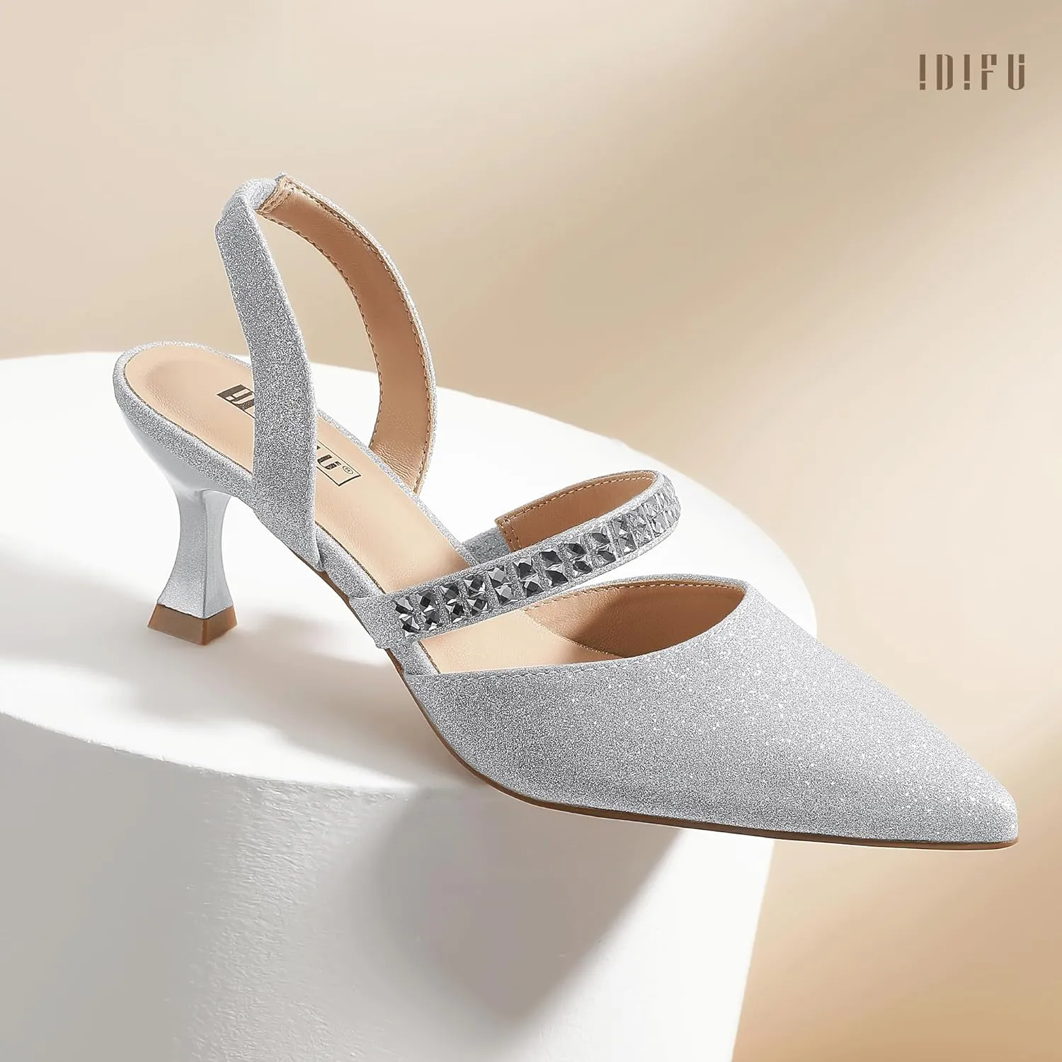 IDIFU IN3 Rhinestone Kitten Heels Closed Pointed Toe Low Strappy Dress Shoes for Women Bride Wedding Bridal Prom Heels Cute Trendy Dressy Short Slingback Pumps